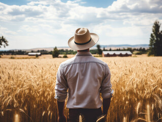 Back view of male farmer wearing hat in field, looking at vast wheat field