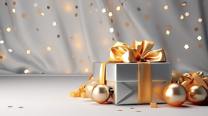  a silver gift box with a gold bow and two gold baubles on a white surface with gold confetti and a silver background with gold confetti.