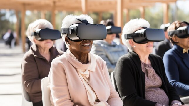 A Group of Seniors Wearing Virtual reality headset participating in a exercise class.healthy aging through the technology