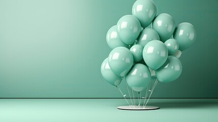  a bunch of green balloons floating in the air on a white pedestal in front of a teal green wall with a white pedestal in the middle of the foreground.