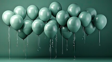  a group of balloons floating in the air on a green background with a line of white balloons in the middle of the photo, with a green wall in the background.