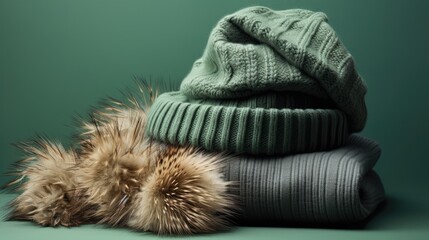  a pile of sweaters and a hat sitting on top of each other on top of a green surface with a fur ball on top of one of the pile.