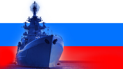 Russia navy. Ship with flag of Russian federation. Military cruiser for sea battles. Sea vessel from Russia. Warship is sailing in ocean. Russian navy. Warship created in Russia. Military technology © Grispb