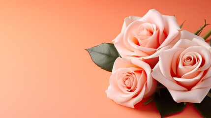  three pink roses with green leaves on an orange and pink background with a place for the text on the left side of the image and a green leaf on the right side of the.