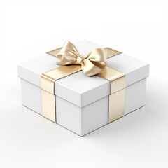 Isolated mockup white gift box with golden ribbon on white background. Plain present for custom illustration and pattern design.