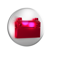 Red Car battery icon isolated on transparent background. Accumulator battery energy power and electricity accumulator battery. Silver circle button.