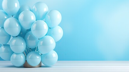  a bunch of blue balloons are in a vase on a table with a blue wall in the background and a light blue wall in the middle of the room behind.