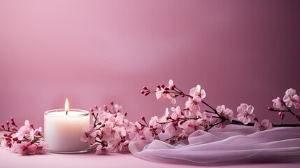  a white candle sitting on top of a table next to a bunch of pink flowers on top of a pink table cloth next to a white vase with a pink background.