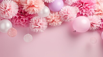  a bunch of pink and white balloons and paper flowers on a pink background with a string of pink and white balloons and paper flowers on a pink background with a.