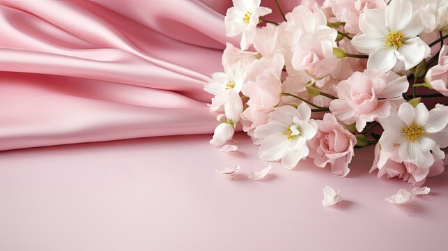  a bunch of pink flowers sitting on top of a pink satin covered table cloth with white and pink flowers in the center of the image, on a soft pink background.