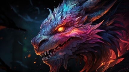  a close up of a dragon's head with glowing eyes and red and blue flames on it's face, with a dark background of fire and smoke.