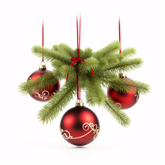 Decorative Christmas ornaments festooned on white background atop evergreen foliage.