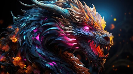  a close up of a dragon's head on a dark background with flowers in the foreground and a glowing light in the middle of the upper half of the dragon's head.