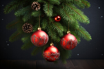 Fototapeta na wymiar Christmas tree branches isolated on a dark background with festive decoration, fresh conifer and a red ornament.