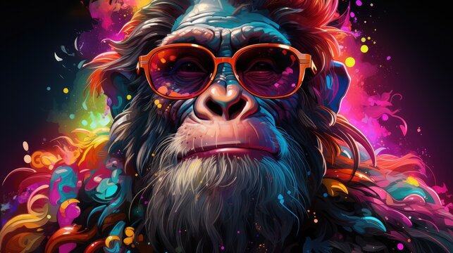  a digital painting of a monkey with sunglasses on it's face and colorful paint splatters all over it's body and a black background with a black background.