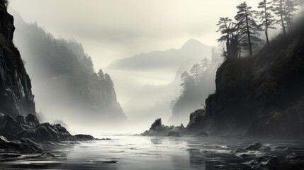  a black and white photo of a river with mountains in the background and fog in the air, with trees...