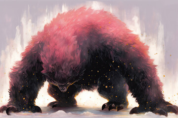 Mystical Black Beast with Glowing Pink Eyes in a Foggy Forest