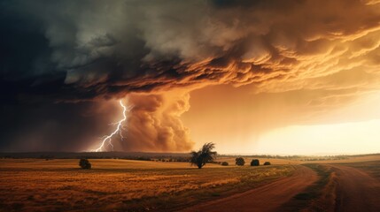  a storm is coming over a dirt road in the middle of a field with a tree in the foreground and a lightning bolt in the sky in the background. - obrazy, fototapety, plakaty