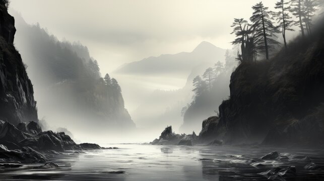  a black and white photo of a river with mountains in the background and fog in the air, with trees and rocks on both sides of the riverbanks.
