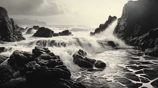  a black and white photo of waves crashing against the rocks on the shore of a rocky beach on a cloudy day with sun shining through the clouds above the water.