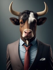 Bull is dressed elegantly in a suit with a lovely tie. An anthropomorphic animal poses for a fashion photograph with a charming human attitude.