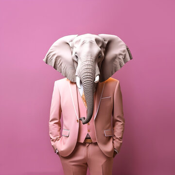 Male elephant in pink fashion suit, with waistcoat and white shirt. Fashion concept. Creative animal character. Advertisement idea. Party animal, new year party.