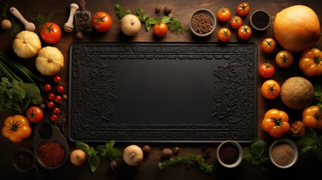  a wooden table topped with lots of different types of fruits and veggies next to a black plate with a black border on top of a wooden table surrounded by other fruits and vegetables.