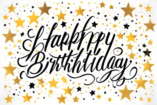 Happy Birthday.Beautiful greeting card scratched calligraphy black text word gold stars. Hand drawn invitation T-shirt print design. Handwritten modern brush lettering white background isolated vector