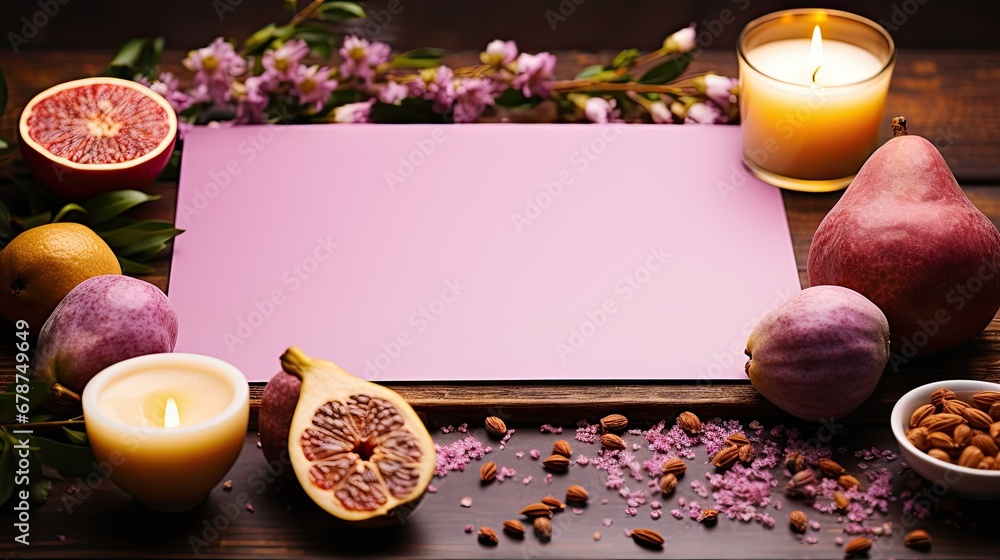 Poster a table topped with fruit and candles next to a pink sheet of paper next to a bowl of nuts, a candle