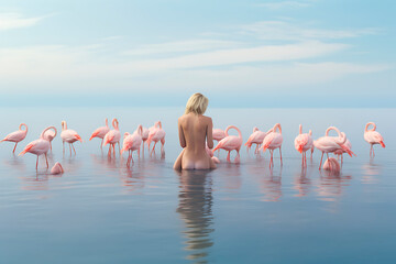 A woman with flamingos in the beach