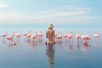 Gardinen A woman with flamingos in the beach © Laura