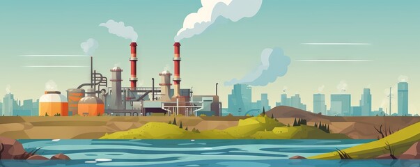 Smoke stack in working plant emitting smog and air pollution. AI generated illustration