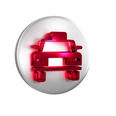 Red Taxi car icon isolated on transparent background. Silver circle button.