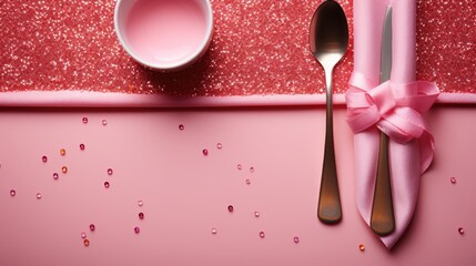  a pink table setting with a pink napkin, silverware, and a pink napkin with a pink bow on it and a pink napkin with a pink glitter background.
