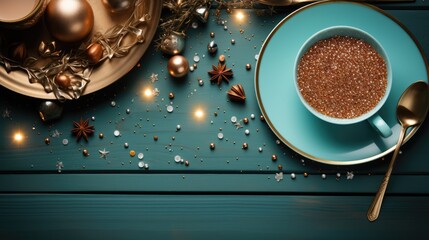  a cup of hot chocolate sits on a saucer next to a plate with a spoon and star anisette on a blue wooden table with christmas decorations around it.