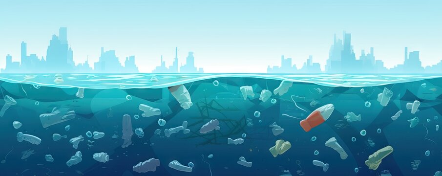 Plastic ocean. Fish among plastic bags polluting the sea. Microplastics contaminate seafood. AI generated illustration