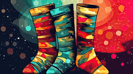  a pair of colorful socks sitting on top of a table next to a painting of a space filled with stars and a bright red and yellow light behind it is a black background. - obrazy, fototapety, plakaty