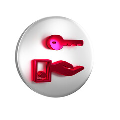 Red Hotel door lock key icon isolated on transparent background. Silver circle button.