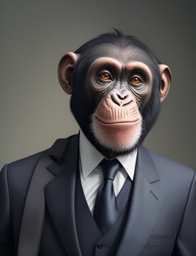 Chimpanzee is dressed elegantly in a suit with a lovely tie. An anthropomorphic animal poses for a fashion photograph with a charming human attitude.
