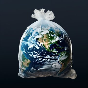 Environmental problems with plastic. Globe in plastic bag on dark backround like space. Land problems, global warming, pollution, greenhouse effect. AI generated image