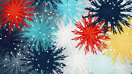  a bunch of red, white, and blue fireworks on a gray and white background with snow flakes on the top of the fireworks
