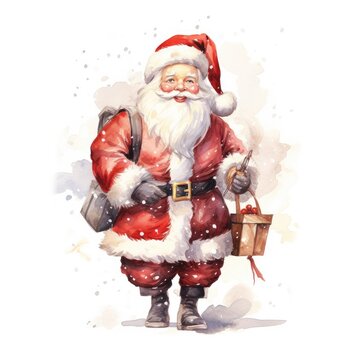  a watercolor painting of a santa clause holding a bag of presents and a sack of presents in one hand and a sack of presents in the other hand in the other hand.