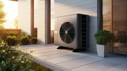 Air source heat pump installed in residential green house or building. climate heat pump. environmentally friendly heating concept. eco-friendly & sustainable heating and cooling.  - obrazy, fototapety, plakaty