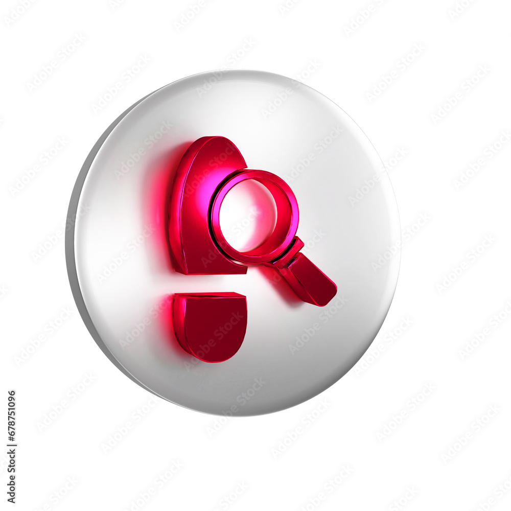 Poster red magnifying glass with footsteps icon isolated on transparent background. detective is investigat