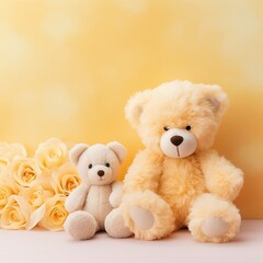 pastel yellow background template with 2 teddy bears, AIgenerated 