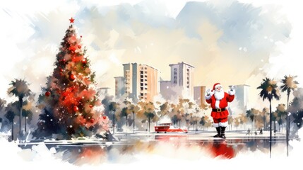  a watercolor painting of a santa clause standing in front of a christmas tree in a city with palm trees in the foreground and tall buildings in the background.