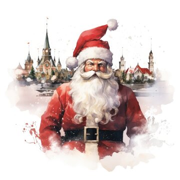  a watercolor painting of a santa clause standing in front of a cityscape with a lake and church spires in the background and a red santa claus hat.