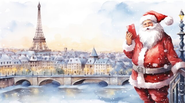  a painting of a man dressed as santa claus in front of the eiffel tower in paris, france, with the eiffel tower in the background.