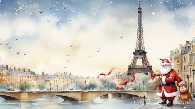  a painting of a man dressed as santa holding a teddy bear in front of the eiffel tower and a snowy day in paris, with birds flying over the eiffel tower.