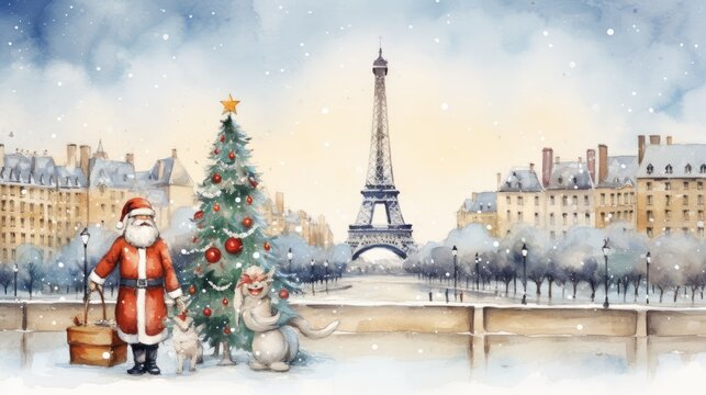  a painting of a santa clause standing next to a christmas tree in front of the eiffel tower, with a dog and cat in front of the eiffel tower.